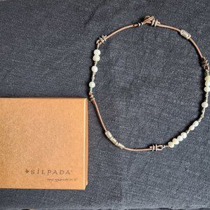 Silpada leather, freshwater pearls, sterling silver necklace 17in